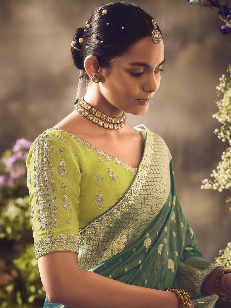 Bewitching Teal Green Zari Weaving Organza Wedding Wear Saree