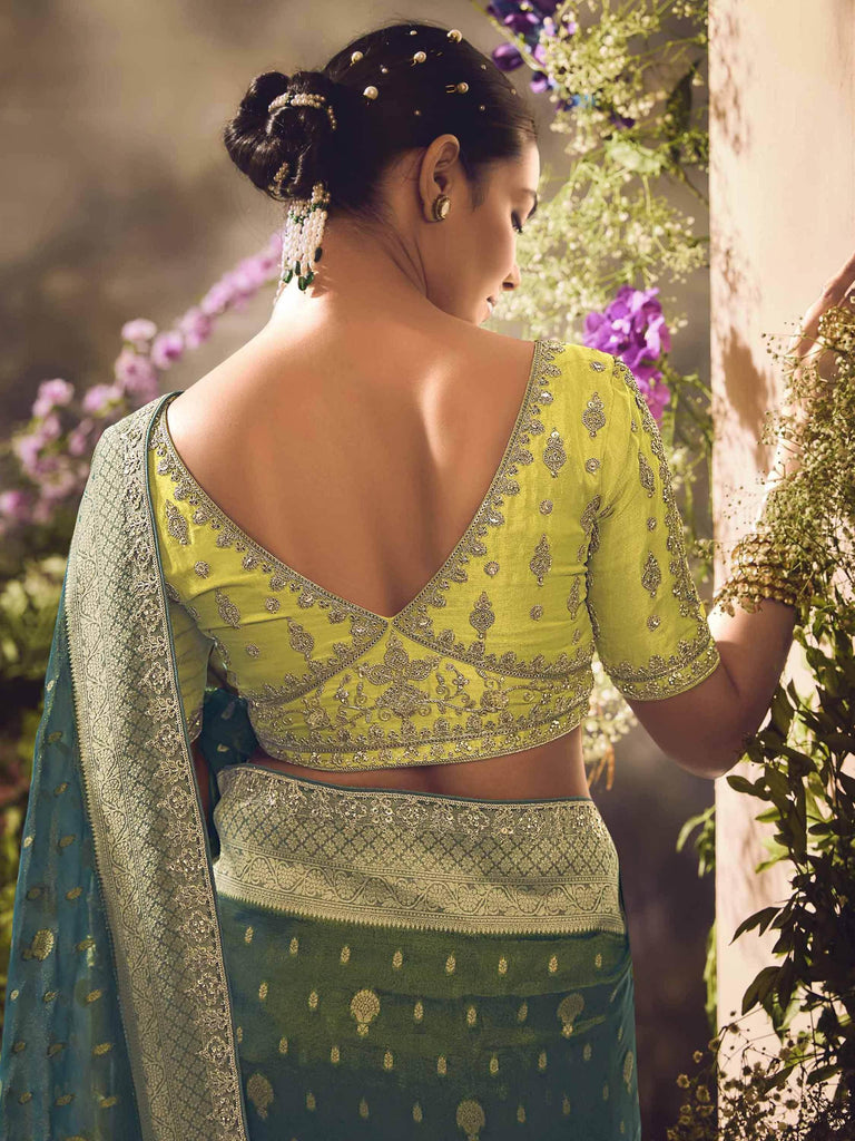 Bewitching Teal Green Zari Weaving Organza Wedding Wear Saree