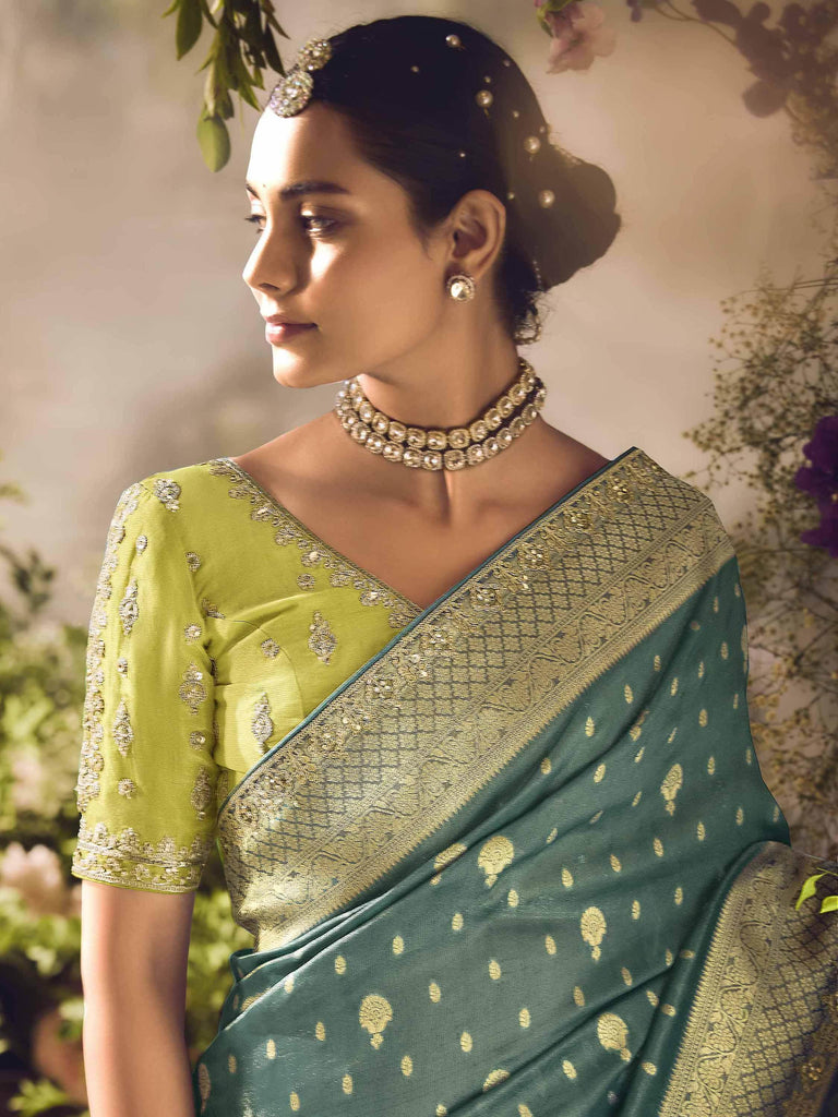 Bewitching Teal Green Zari Weaving Organza Wedding Wear Saree
