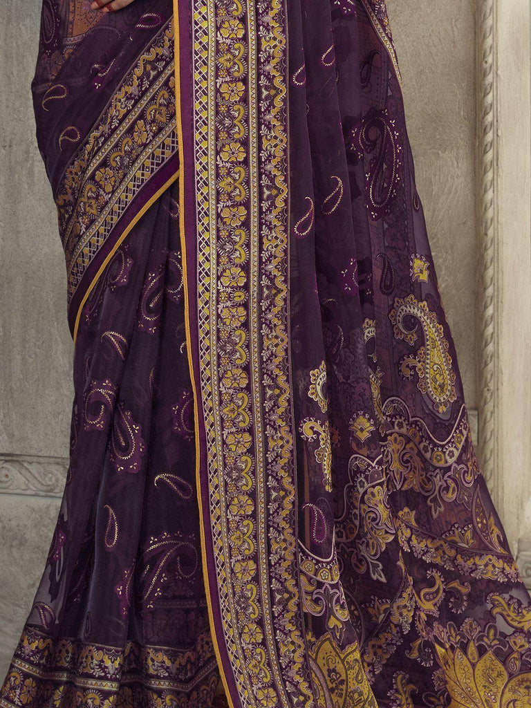 Spectacular Purple Brasso Work Organza Function Wear Saree