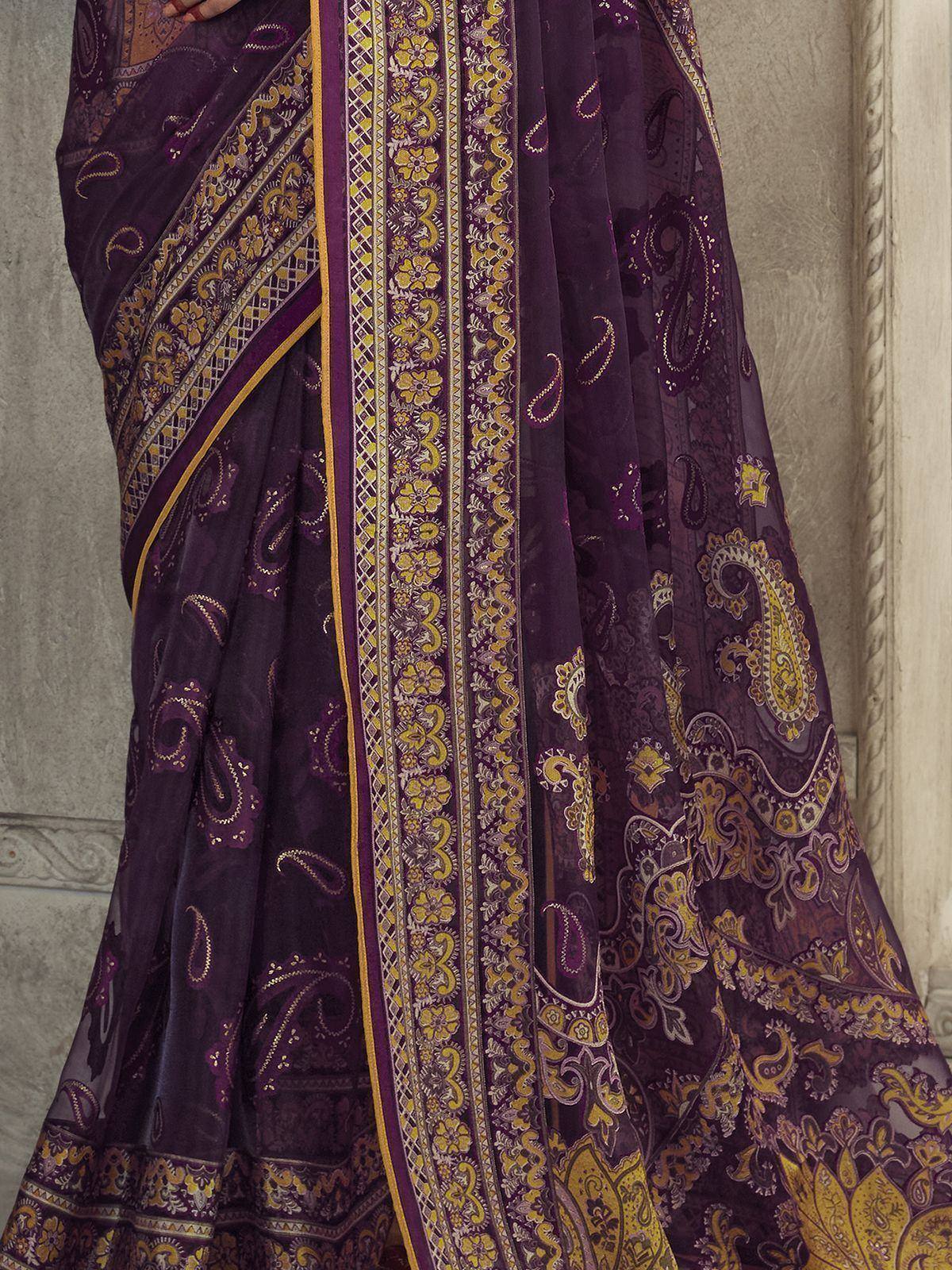 Purple paisley printed saree with gold border, ethnic Indian wear for women