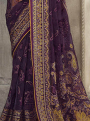 Spectacular Purple Brasso Work Organza Function Wear Saree