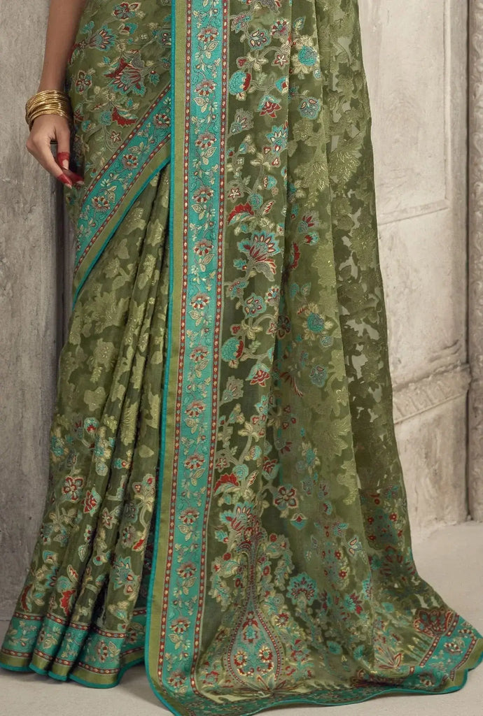 Dazzling Green Brasso Work Organza Mehendi Wear Saree With Blouse