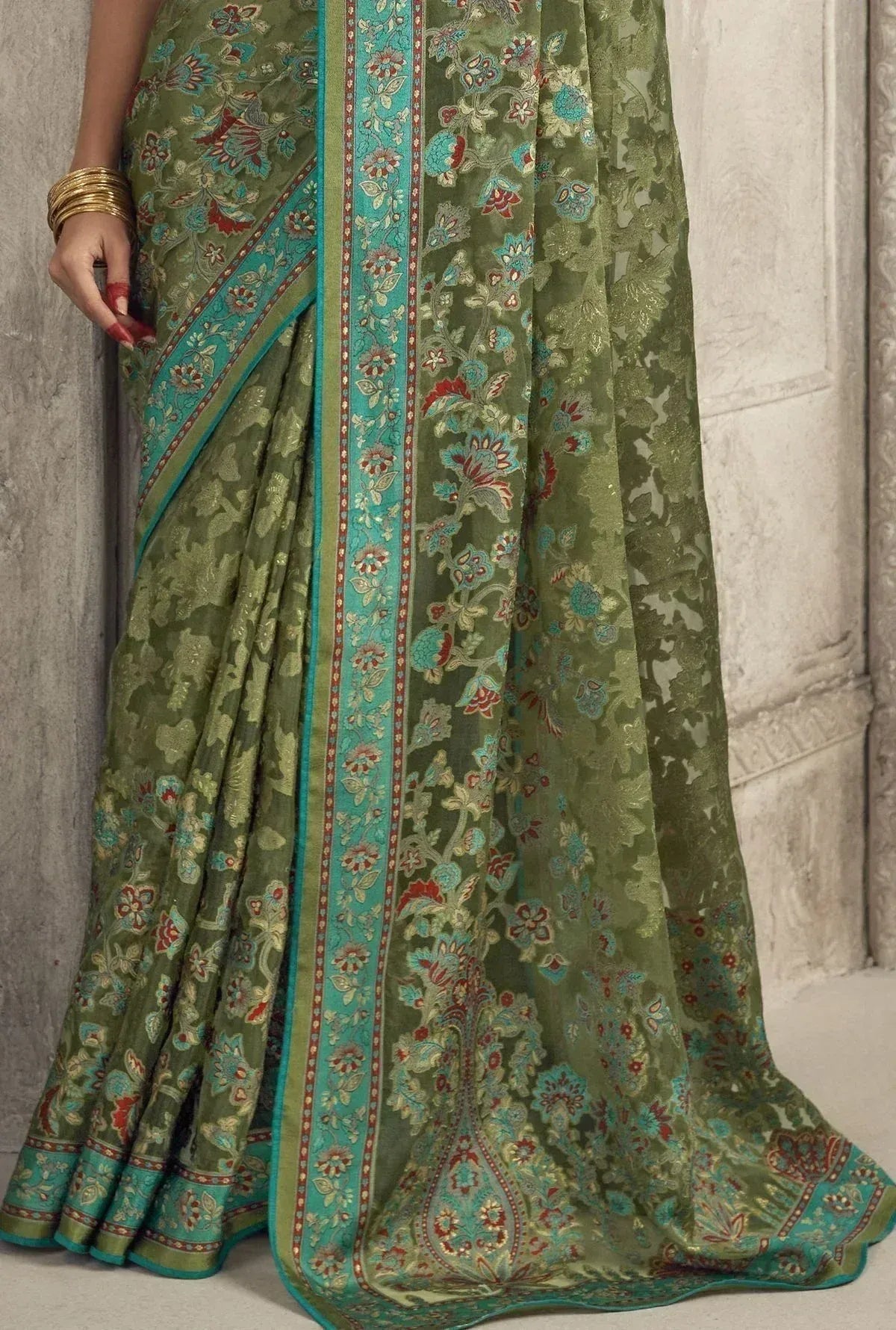 Olive green floral saree with turquoise border, Indian ethnic wear for women