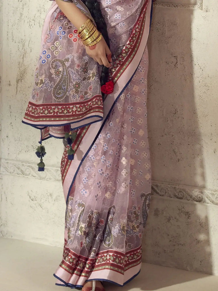 Stunning Pink Brasso Work Organza Wedding Wear Saree With Blouse