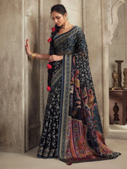 Magnetic Black Brasso Work Organza Event Wear Saree With Blouse