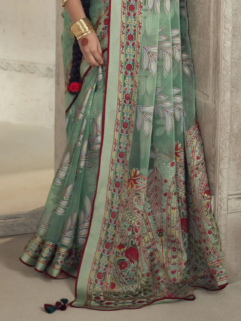 Beautiful Sea Green Brasso Work Organza Festival Wear Saree