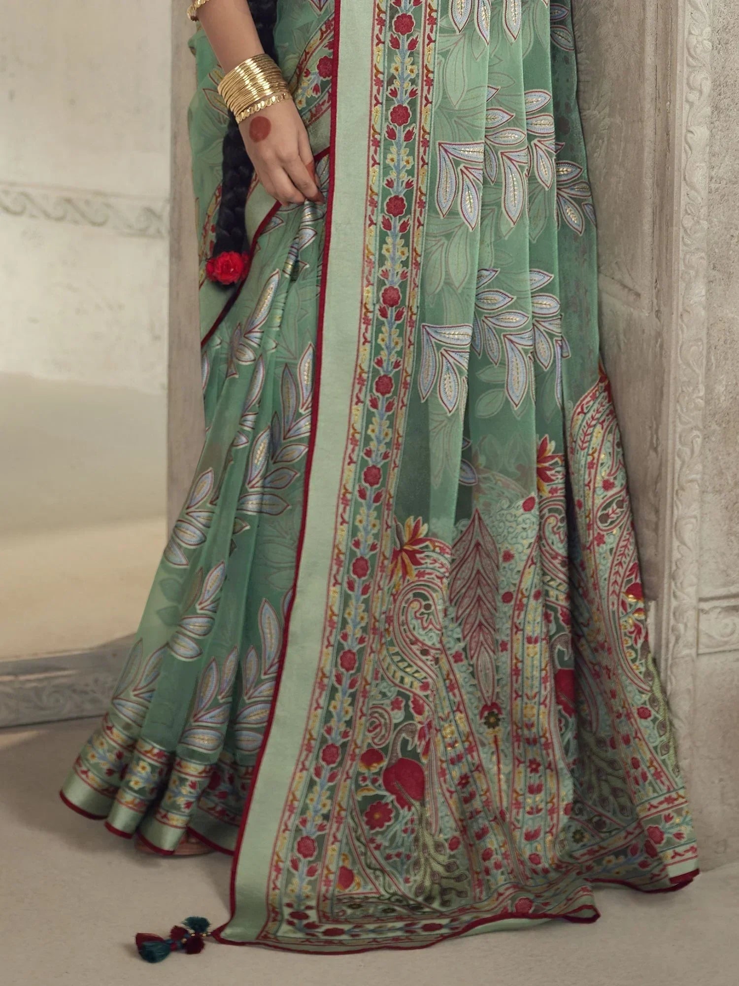 Beautiful Sea Green Brasso Work Organza Festival Wear Saree