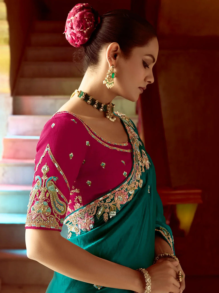 Fantastic Teal Green Heavy Border Organza Wedding Wear Saree
