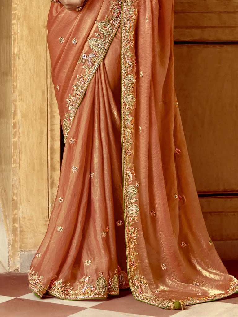 Wonderful Peach Organza Festival Wear Saree With Green Blouse