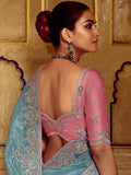 Lovely Sky-Blue Thread Embroidered Organza Engagement Wear Saree