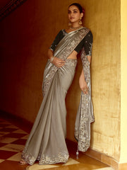 Charming Grey Heavy Border Organza Festival Wear Saree With Blouse