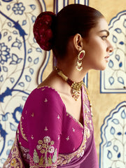 Magnetic Purple Border Work Organza Wedding Saree With Blouse