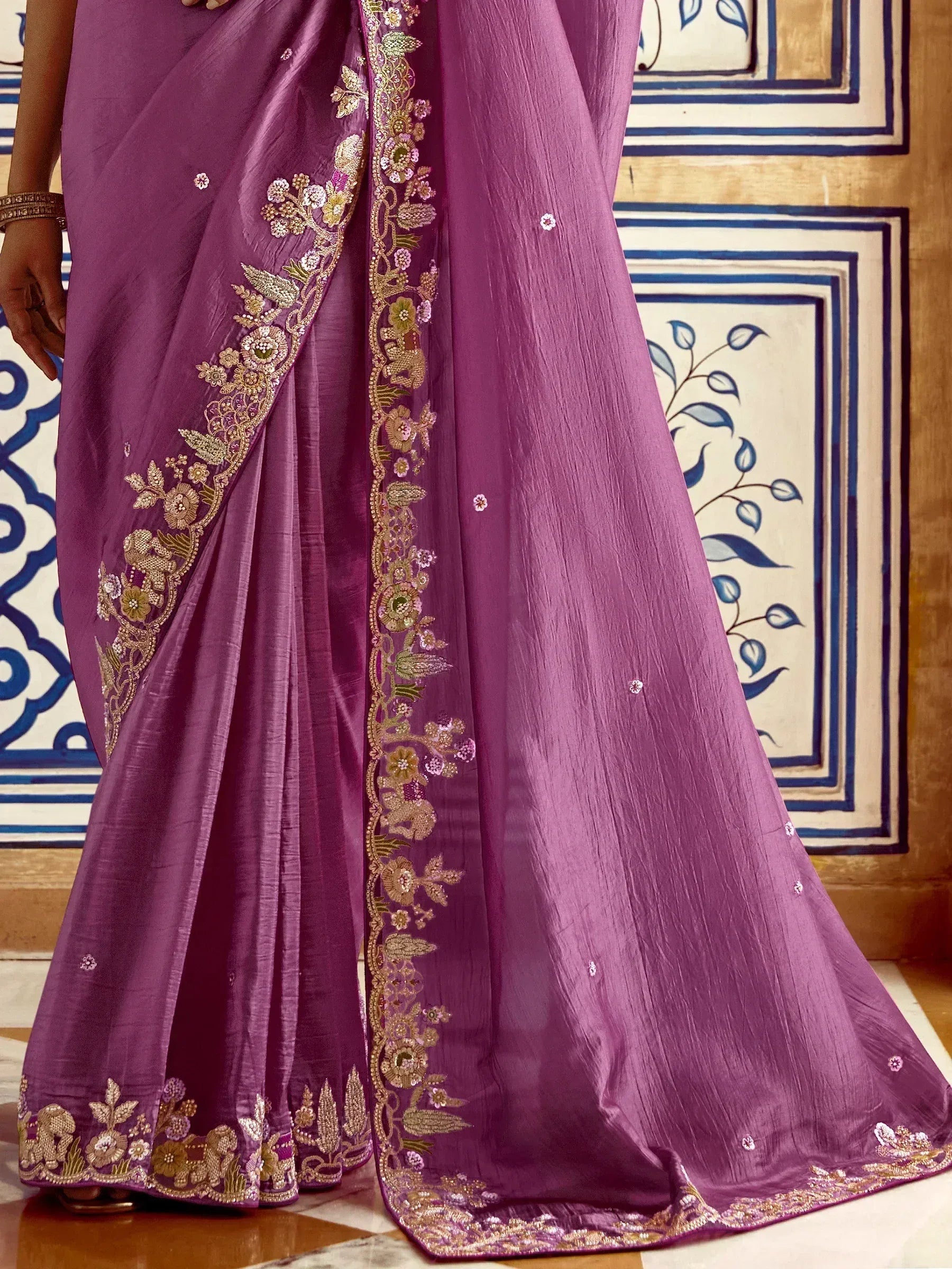 Purple saree with floral embroidery and golden detailing, perfect for Indian ethnic wear