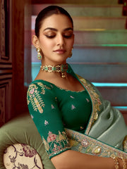 Attractive Sky-Blue Border Work Organza Engagement Wear Saree