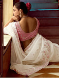Pretty White Border Work Organza Festival Wear Saree With Blouse