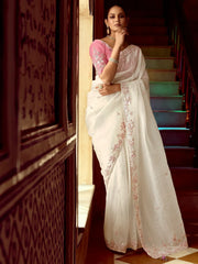 Pretty White Border Work Organza Festival Wear Saree With Blouse