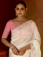 Pretty White Border Work Organza Festival Wear Saree With Blouse