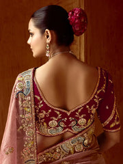 Stunning Dusty Pink Organza Wedding Wear Saree With Blouse