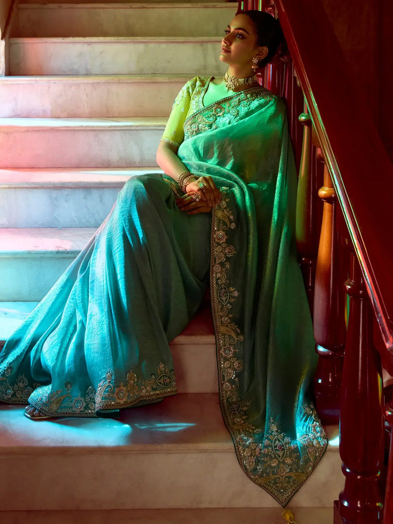 Spectacular Teal Blue Border Work Organza Festival Wear Saree