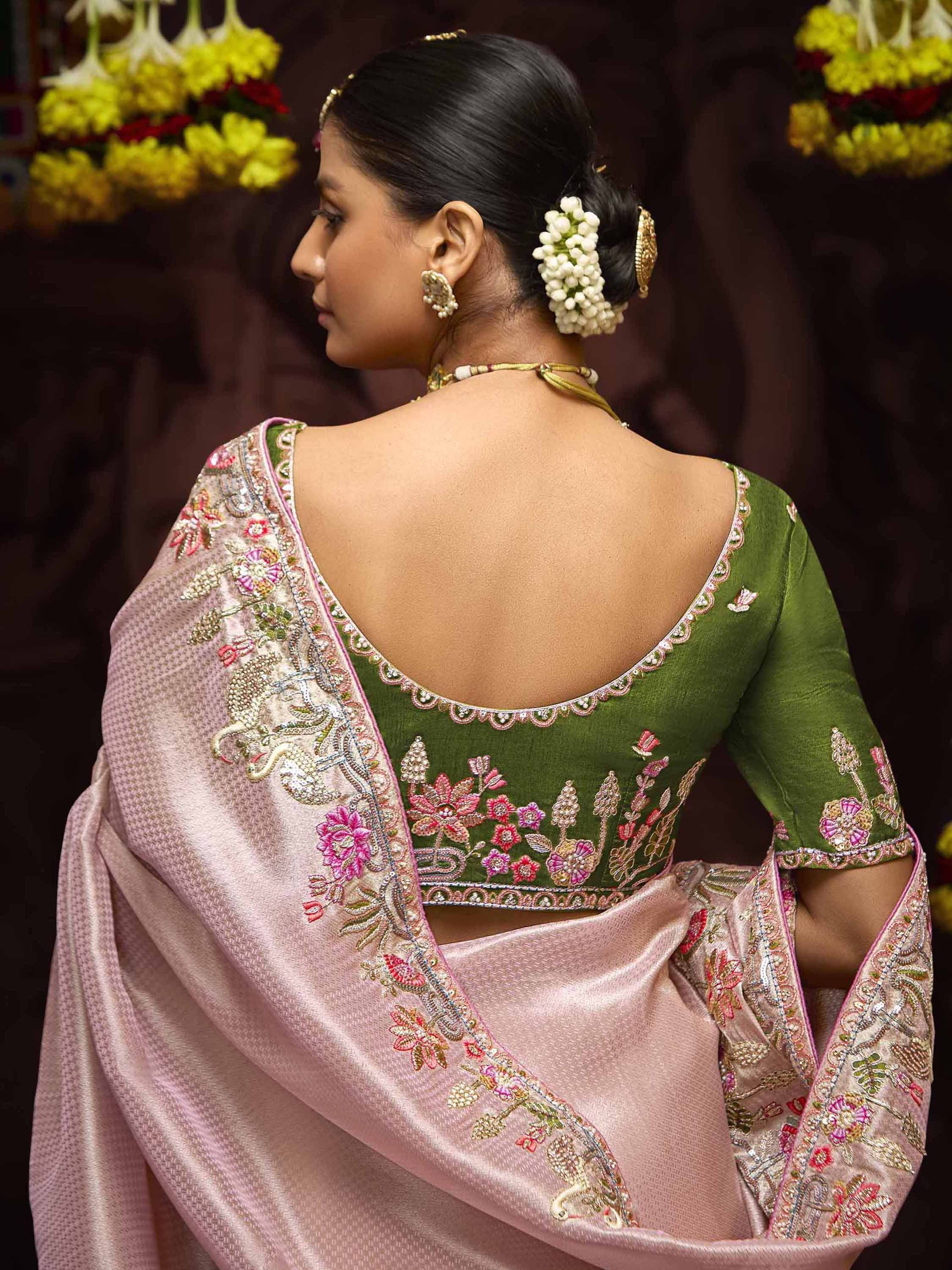 Green embroidered blouse with pink saree, floral back design, traditional Indian ethnic wear