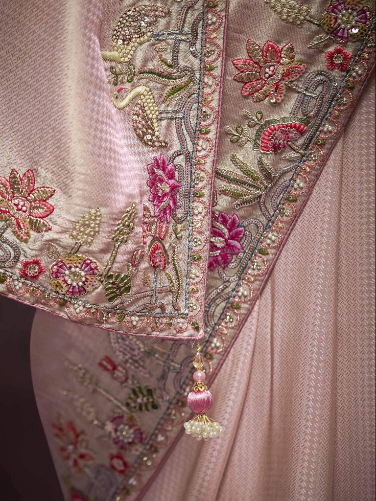 Attractive Baby Pink Embroidered Kanjivaram Silk Festival Wear Saree