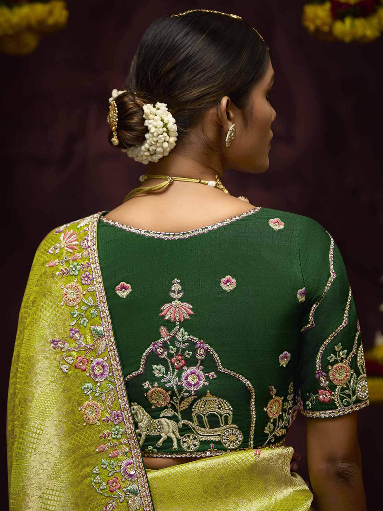 Glamorous Lemon Green Embroidered Kanjivaram Silk Traditional Saree