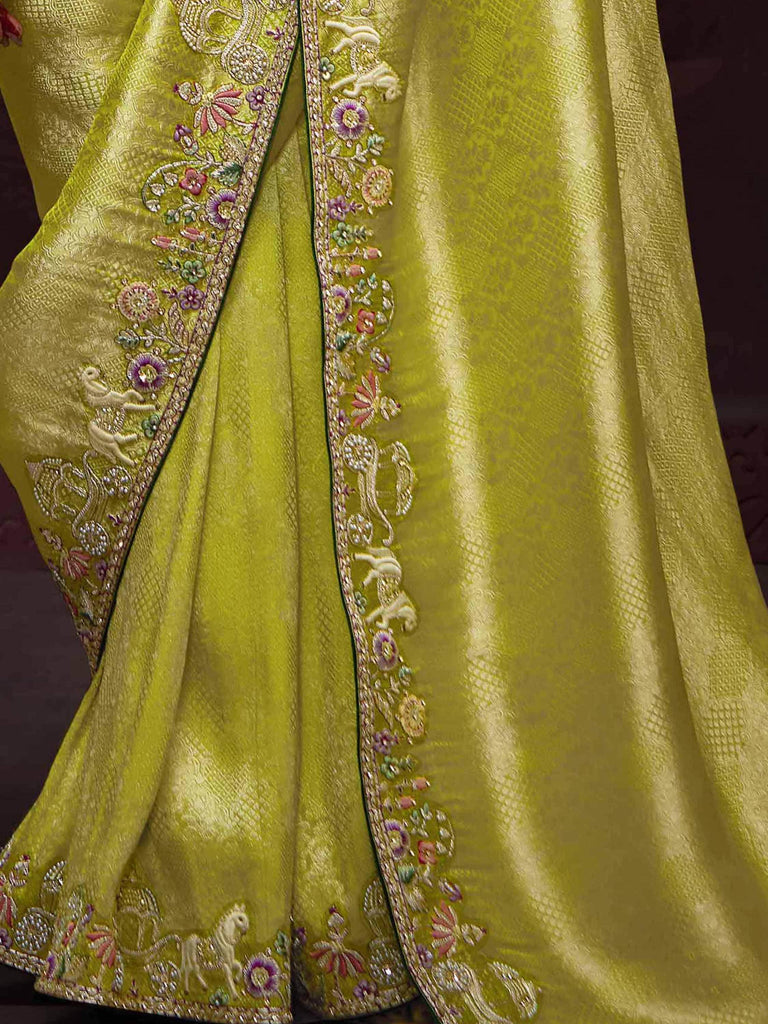 Glamorous Lemon Green Embroidered Kanjivaram Silk Traditional Saree