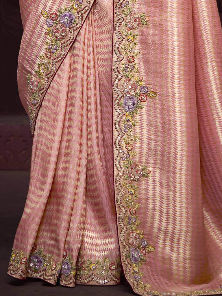 Alluring Peach Embroidered Kanjivaram Silk Wedding Wear Saree