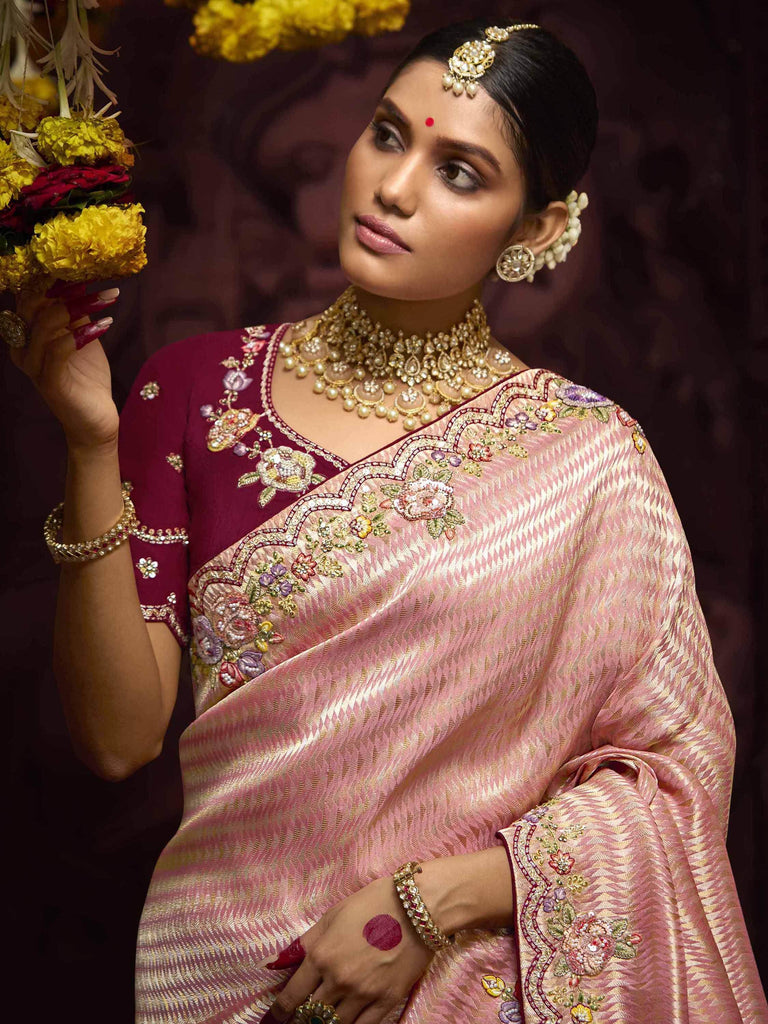 Alluring Peach Embroidered Kanjivaram Silk Wedding Wear Saree