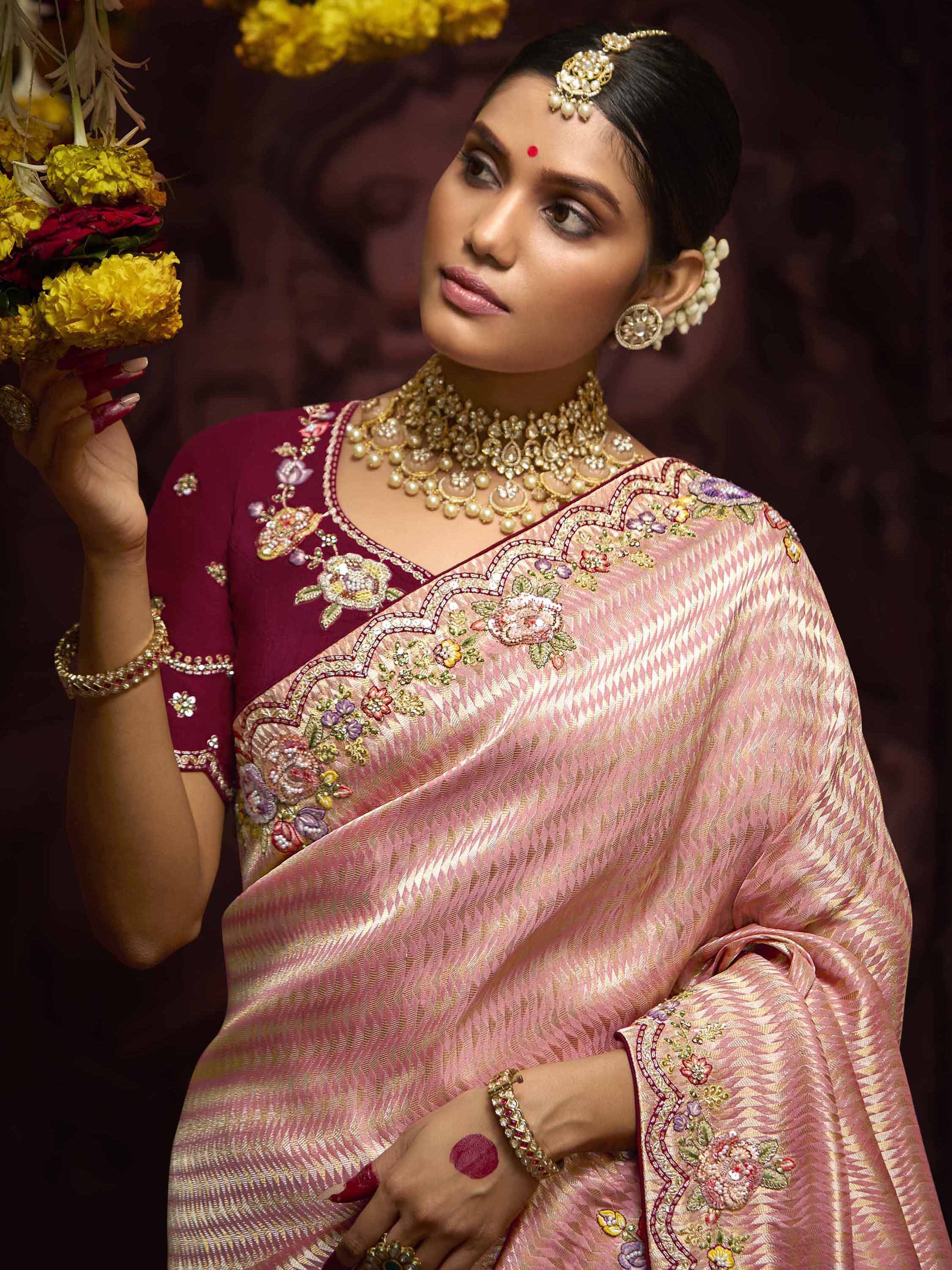 Alluring Peach Embroidered Kanjivaram Silk Wedding Wear Saree