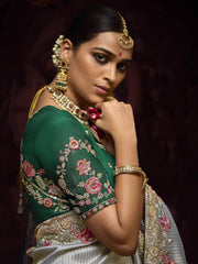 Fascinating Grey Embroidered Kanjivaram Silk Event Wear Saree
