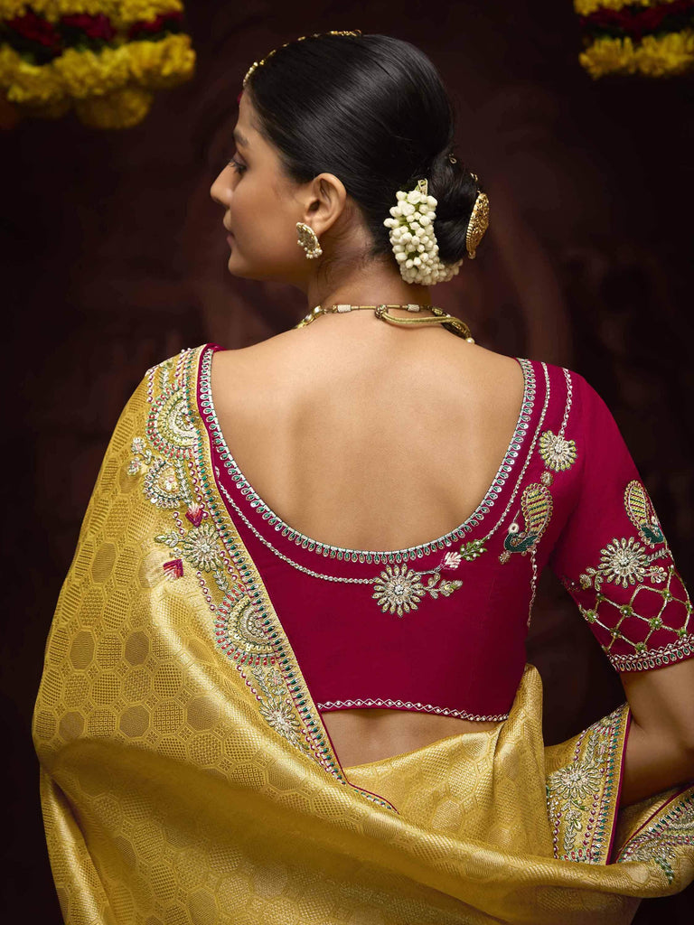 Lovely Mustard Yellow Embroidered Kanjivaram Silk Haldi Wear Saree