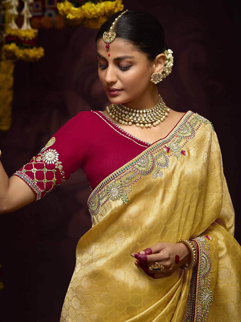 Lovely Mustard Yellow Embroidered Kanjivaram Silk Haldi Wear Saree