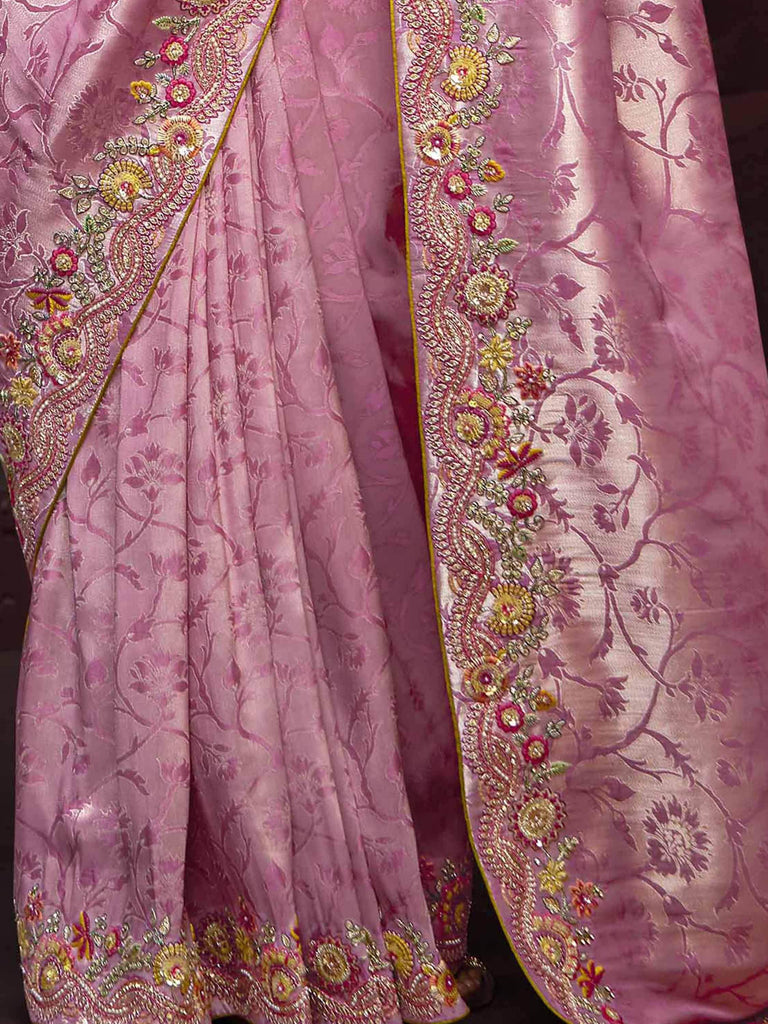 Sweet Pink Zari Weaving Kanjivaram Silk Festival Wear Saree