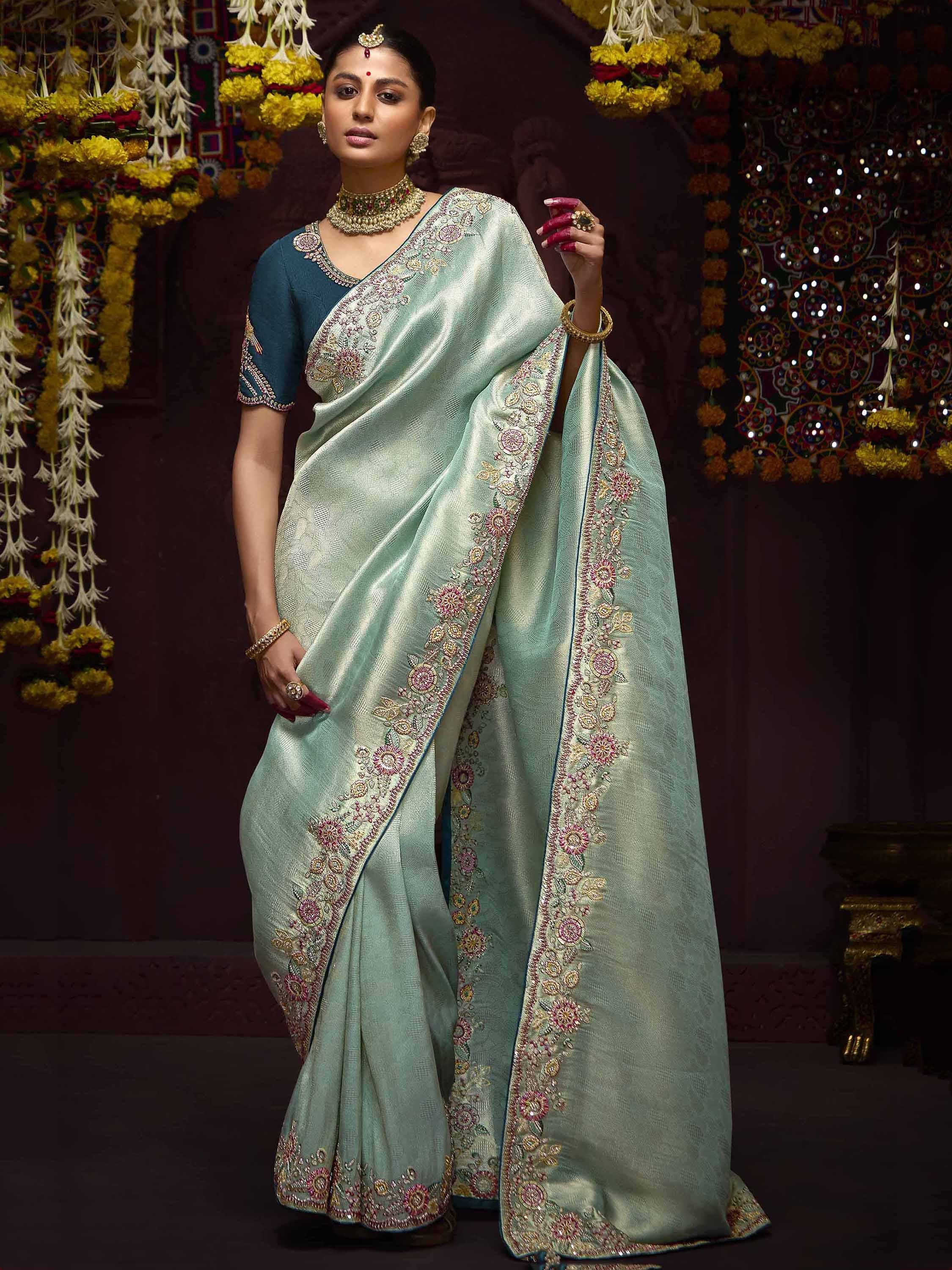 Beautiful Sky Blue Zari Weaving Kanjivaram Silk Wedding Wear Saree