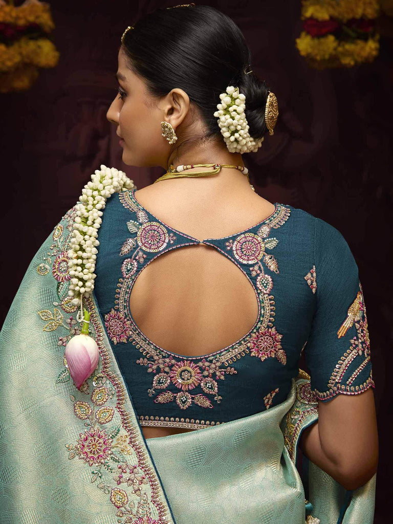Beautiful Sky Blue Zari Weaving Kanjivaram Silk Wedding Wear Saree