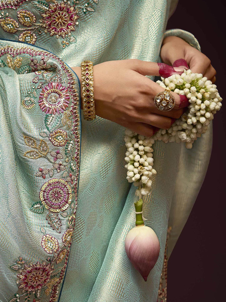 Beautiful Sky Blue Zari Weaving Kanjivaram Silk Wedding Wear Saree