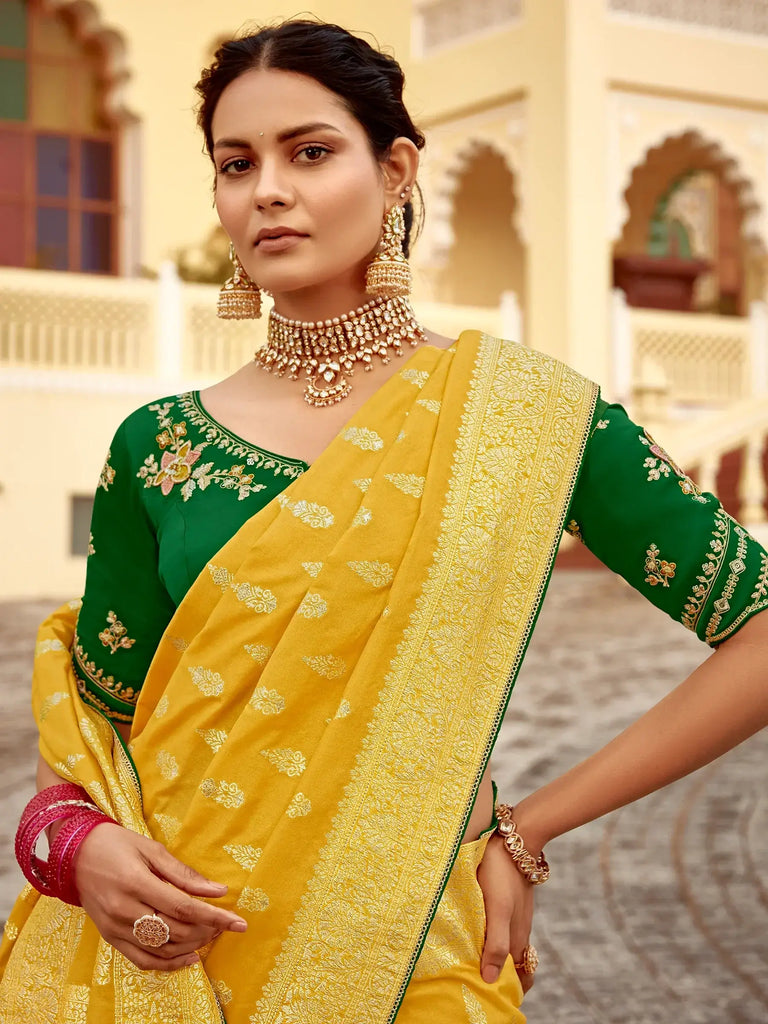 Incredible Yellow Zari Weaving Dola Silk Haldi Wear Saree With Blouse