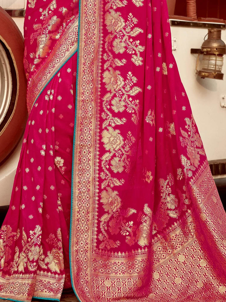 Amazing Pink Zari Weaving Dola Silk Wedding Saree With Blouse