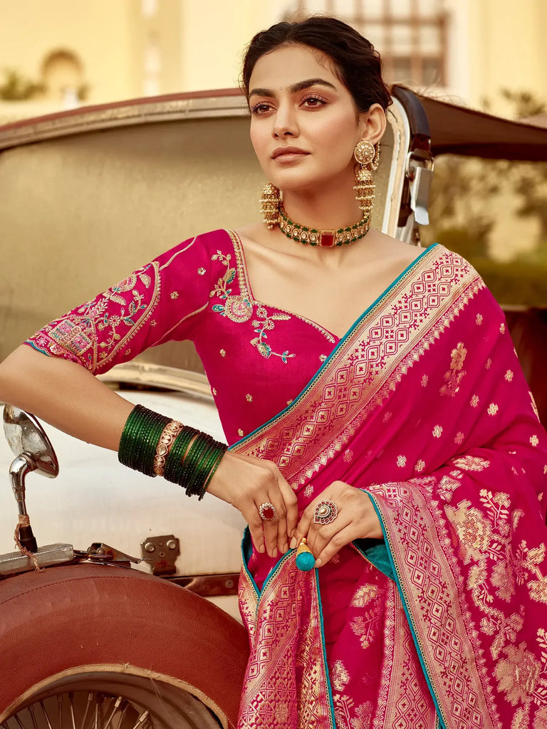 Amazing Pink Zari Weaving Dola Silk Wedding Saree With Blouse