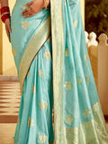 Attractive Sky Blue Zari Weaving Dola Silk Engagement Wear Saree