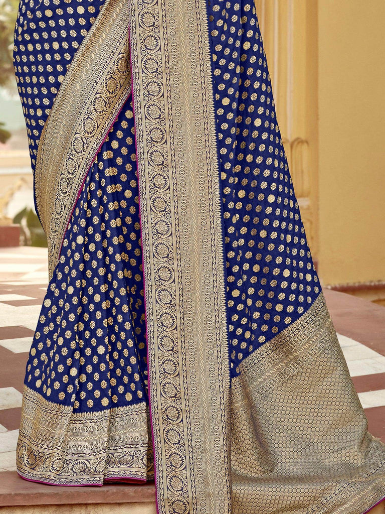 Fascinating Navy Blue Zari Weaving Dola Silk Saree With Blouse
