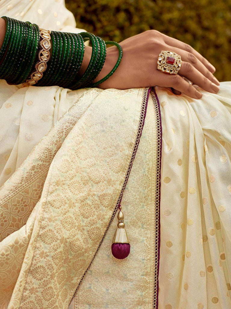 Captivating Beige Zari Weaving Dola Silk Traditional Saree With Blouse