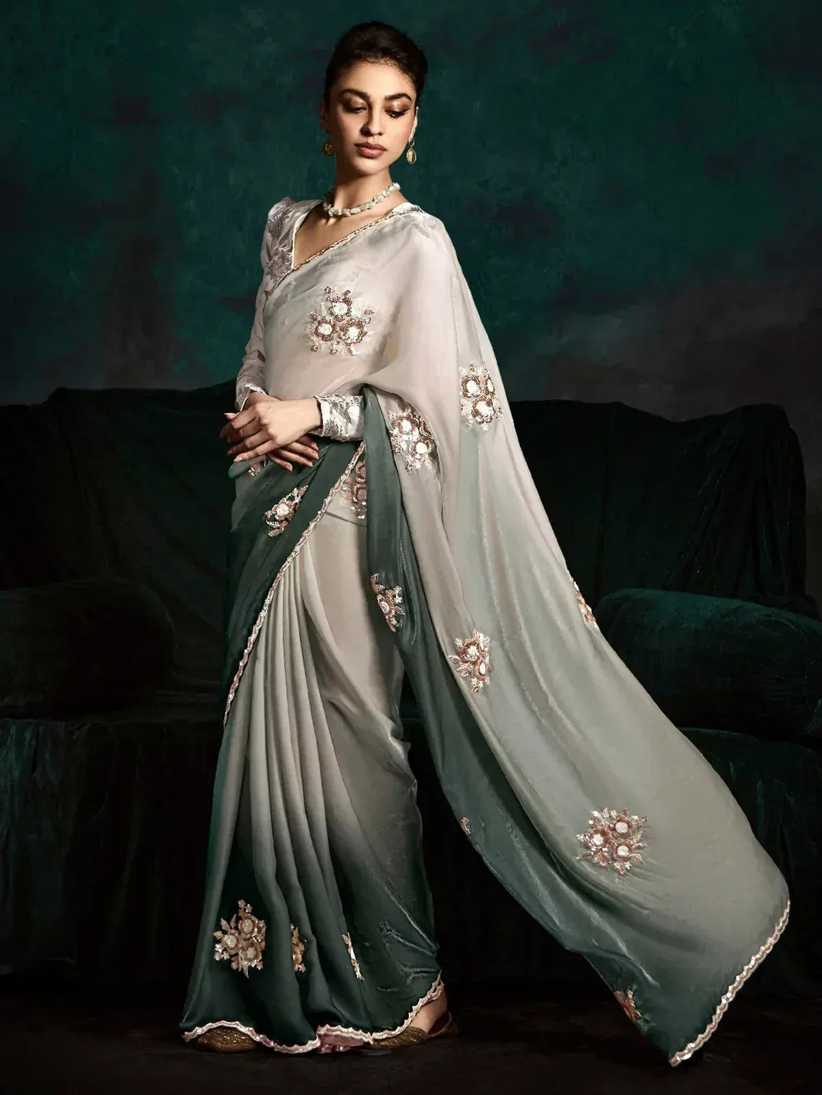 Elegant grey and green designer saree with floral embroidery, perfect for Indian ethnic occasions.
