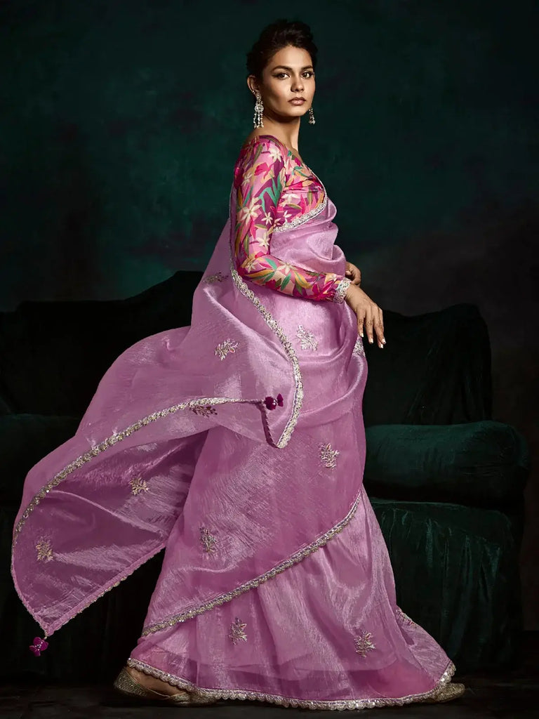 Gorgeous Pink Zari Embroidered Tissue Silk Saree With Blouse