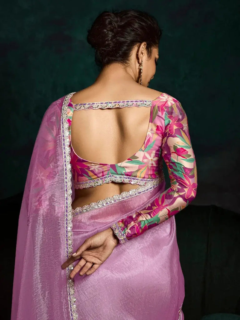 Gorgeous Pink Zari Embroidered Tissue Silk Saree With Blouse