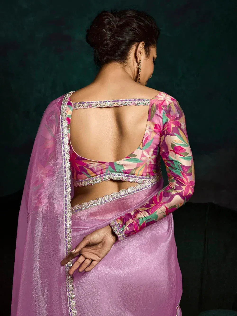 Pink floral saree with backless blouse, ethnic Indian wear, designer saree with lace detailing