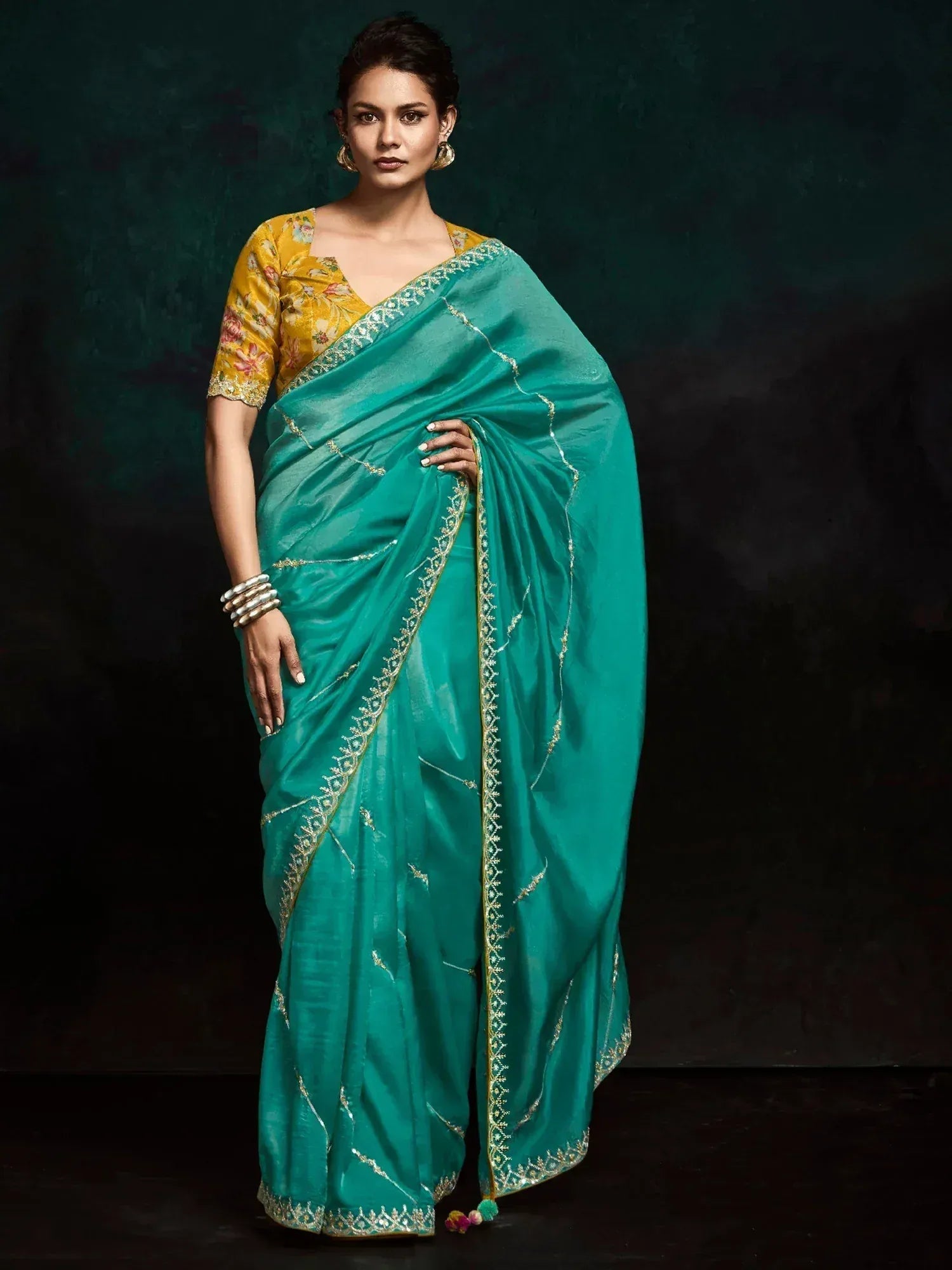 Teal saree with gold embroidery and floral yellow blouse, Indian ethnic wear