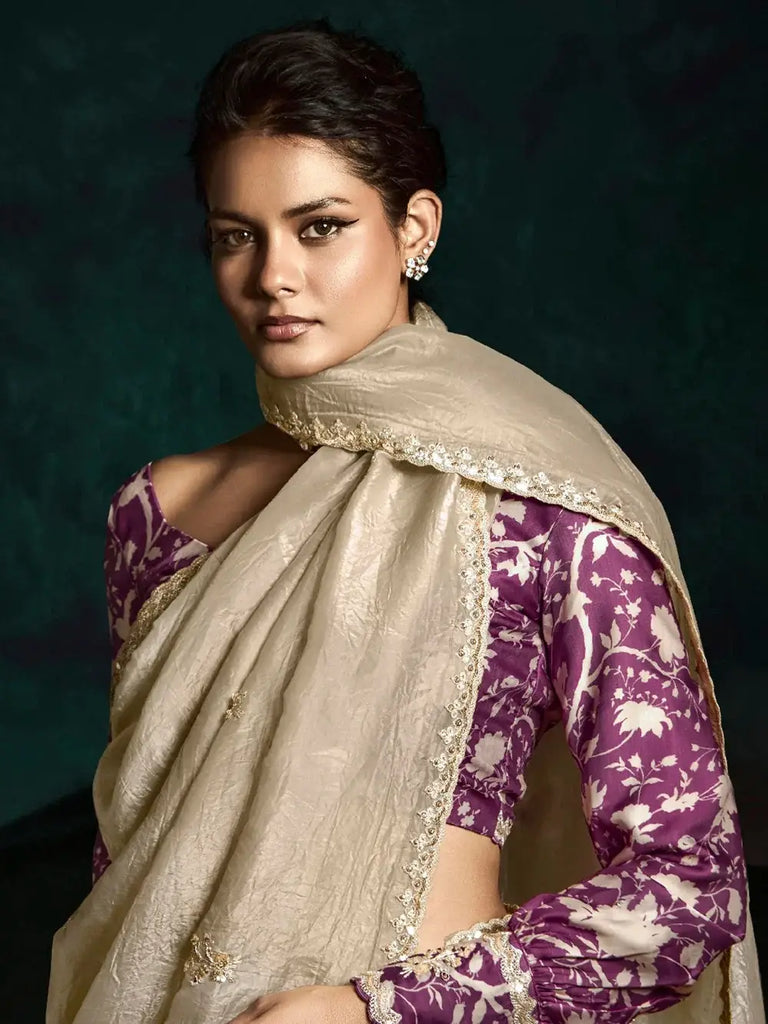 Stunning Beige Zari Embroidered Silk Traditional Saree With Blouse